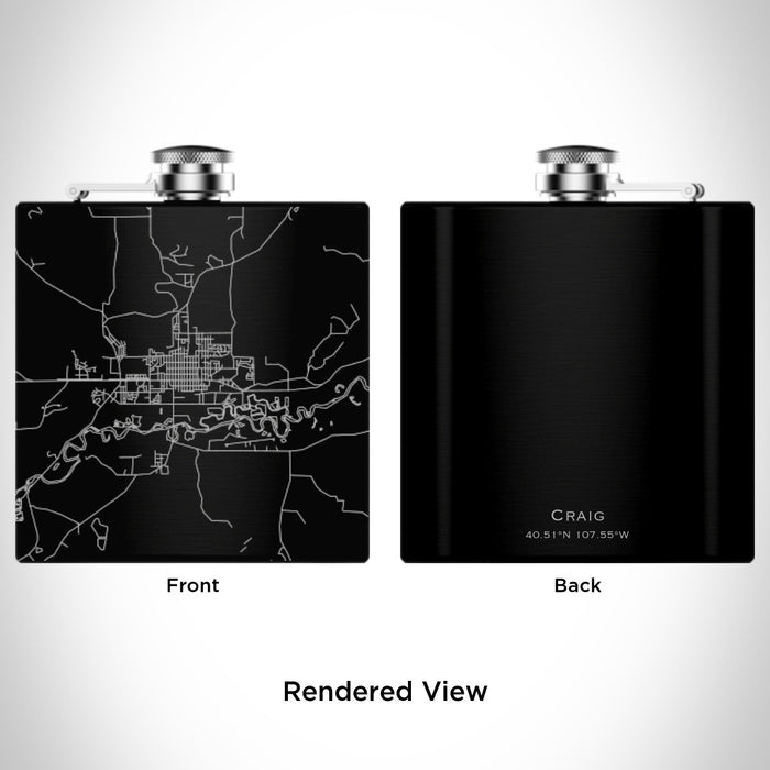 Rendered View of Craig Colorado Map Engraving on 6oz Stainless Steel Flask in Black