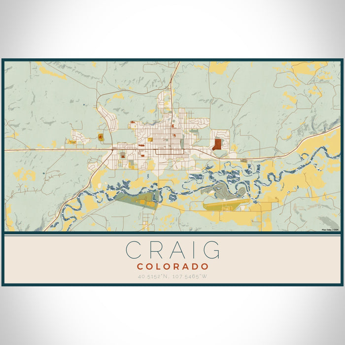 Craig Colorado Map Print Landscape Orientation in Woodblock Style With Shaded Background