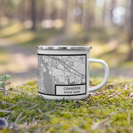Right View Custom Cranston Rhode Island Map Enamel Mug in Classic on Grass With Trees in Background