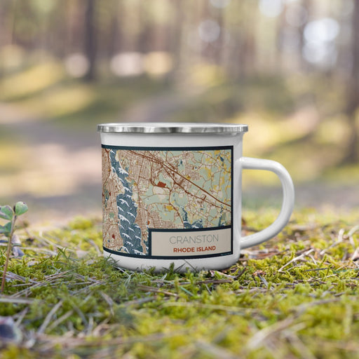 Right View Custom Cranston Rhode Island Map Enamel Mug in Woodblock on Grass With Trees in Background