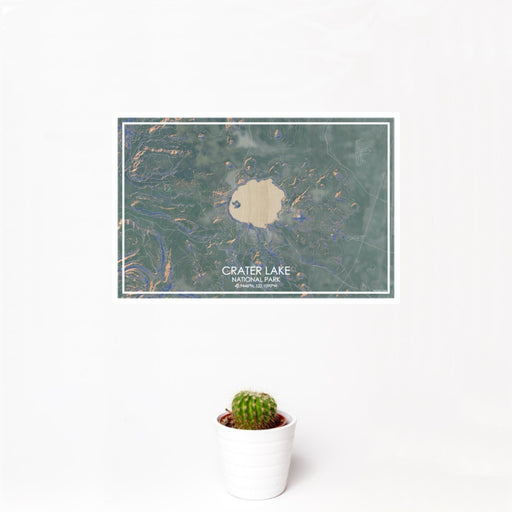 12x18 Crater Lake National Park Map Print Landscape Orientation in Afternoon Style With Small Cactus Plant in White Planter