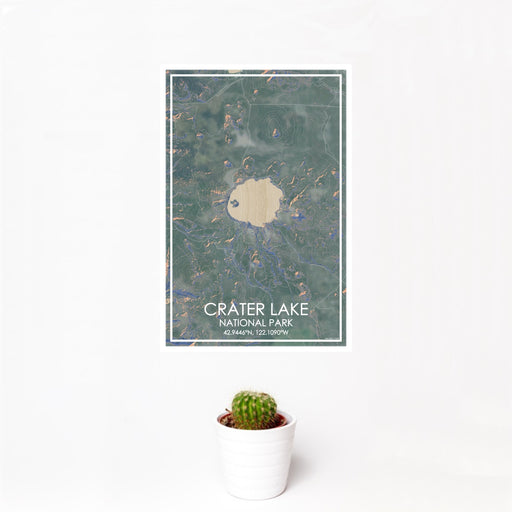 12x18 Crater Lake National Park Map Print Portrait Orientation in Afternoon Style With Small Cactus Plant in White Planter