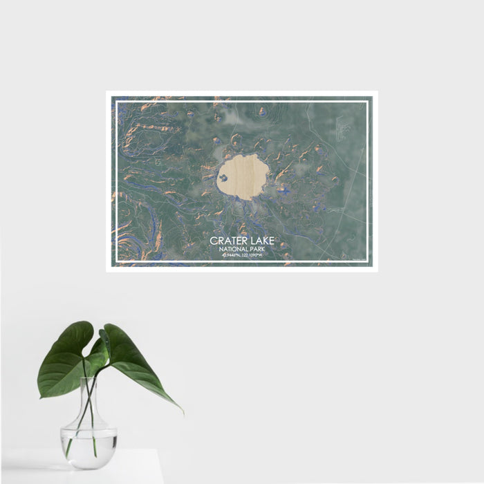 16x24 Crater Lake National Park Map Print Landscape Orientation in Afternoon Style With Tropical Plant Leaves in Water