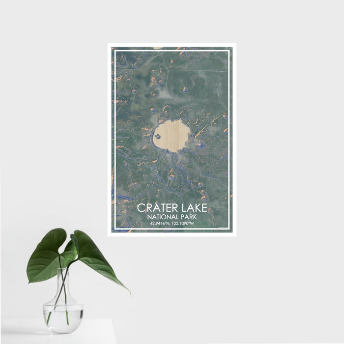 16x24 Crater Lake National Park Map Print Portrait Orientation in Afternoon Style With Tropical Plant Leaves in Water