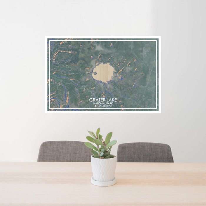 24x36 Crater Lake National Park Map Print Lanscape Orientation in Afternoon Style Behind 2 Chairs Table and Potted Plant
