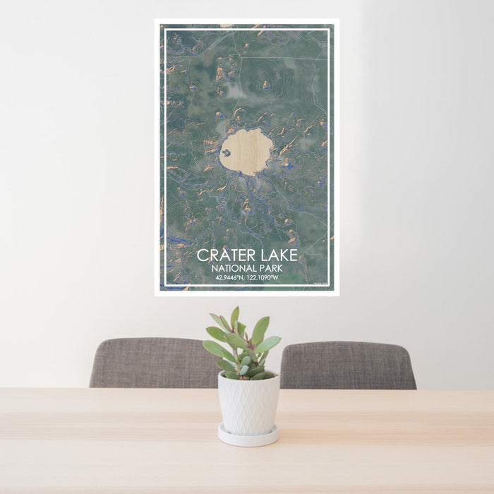 24x36 Crater Lake National Park Map Print Portrait Orientation in Afternoon Style Behind 2 Chairs Table and Potted Plant