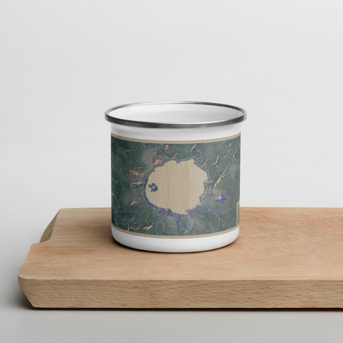 Front View Custom Crater Lake National Park Map Enamel Mug in Afternoon on Cutting Board