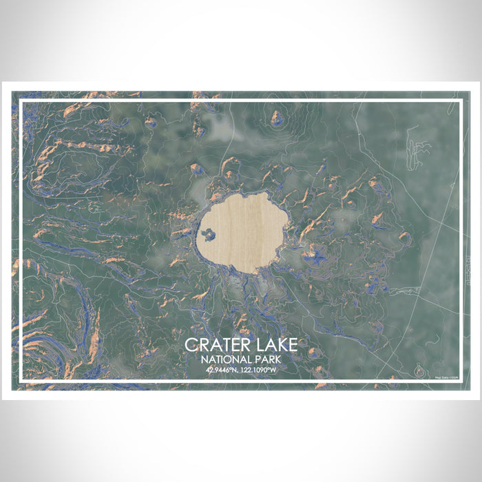 Crater Lake National Park Map Print Landscape Orientation in Afternoon Style With Shaded Background