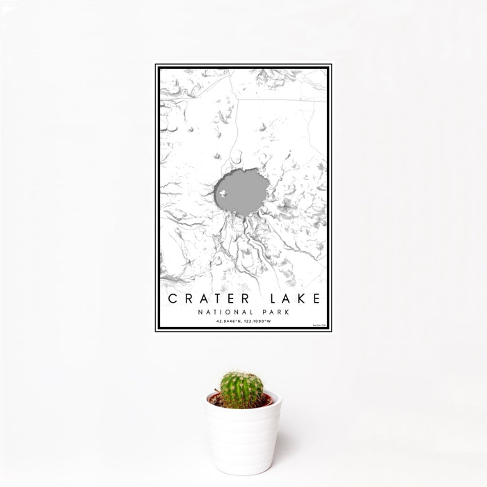 12x18 Crater Lake National Park Map Print Portrait Orientation in Classic Style With Small Cactus Plant in White Planter