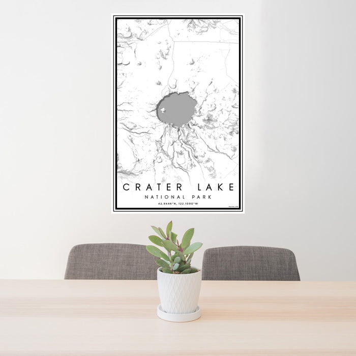 24x36 Crater Lake National Park Map Print Portrait Orientation in Classic Style Behind 2 Chairs Table and Potted Plant