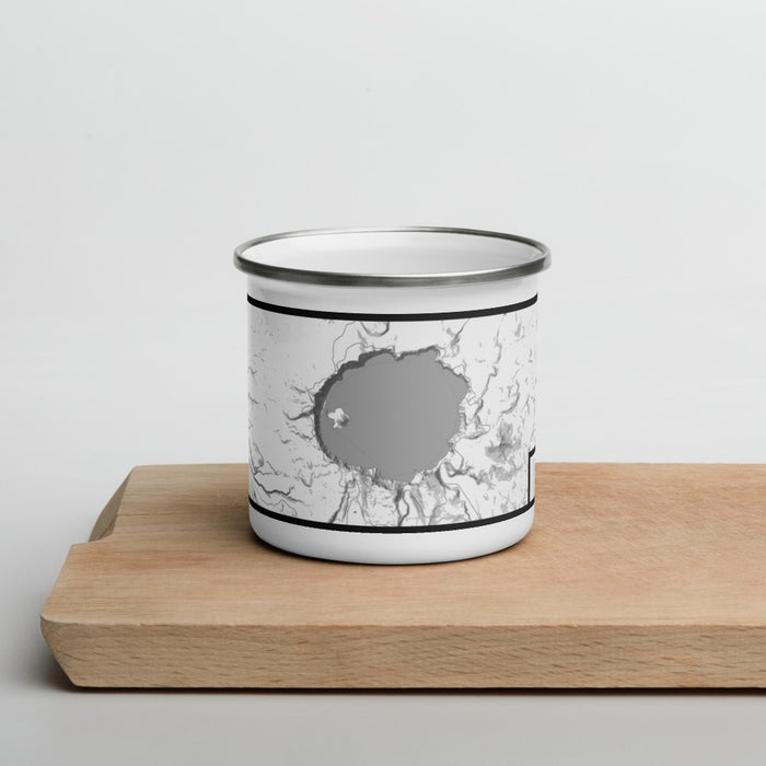 Front View Custom Crater Lake National Park Map Enamel Mug in Classic on Cutting Board