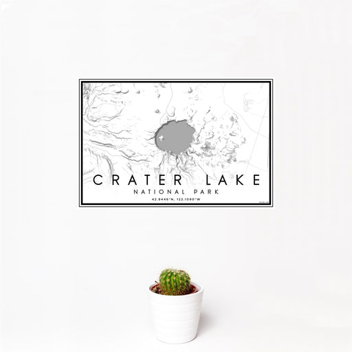 12x18 Crater Lake National Park Map Print Landscape Orientation in Classic Style With Small Cactus Plant in White Planter