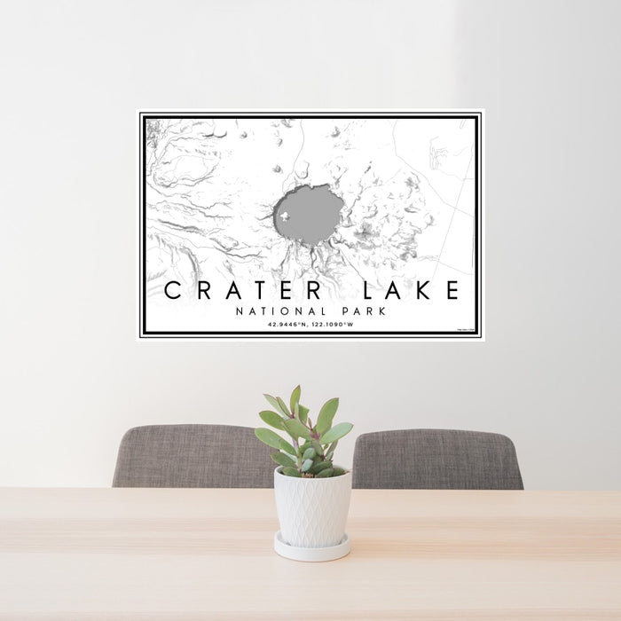 24x36 Crater Lake National Park Map Print Landscape Orientation in Classic Style Behind 2 Chairs Table and Potted Plant