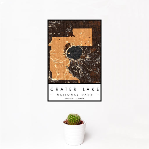 12x18 Crater Lake National Park Map Print Portrait Orientation in Ember Style With Small Cactus Plant in White Planter