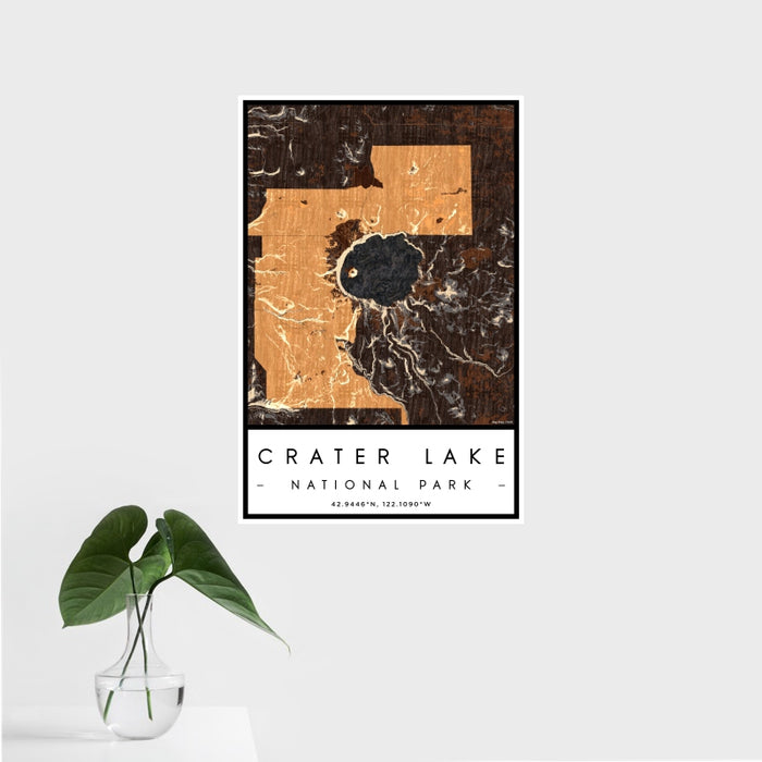 16x24 Crater Lake National Park Map Print Portrait Orientation in Ember Style With Tropical Plant Leaves in Water