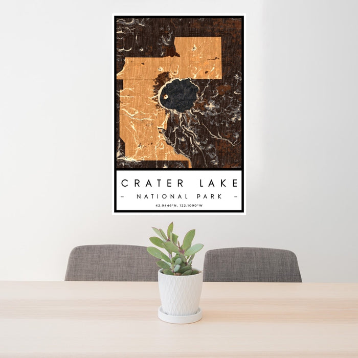 24x36 Crater Lake National Park Map Print Portrait Orientation in Ember Style Behind 2 Chairs Table and Potted Plant