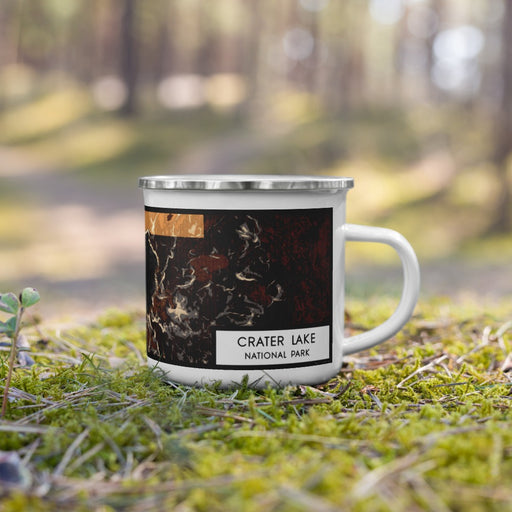 Right View Custom Crater Lake National Park Map Enamel Mug in Ember on Grass With Trees in Background