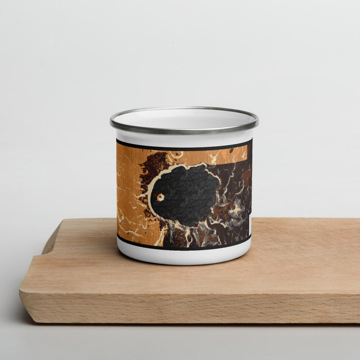 Front View Custom Crater Lake National Park Map Enamel Mug in Ember on Cutting Board