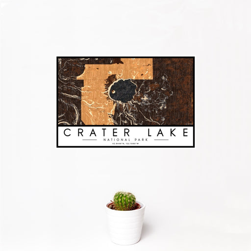 12x18 Crater Lake National Park Map Print Landscape Orientation in Ember Style With Small Cactus Plant in White Planter
