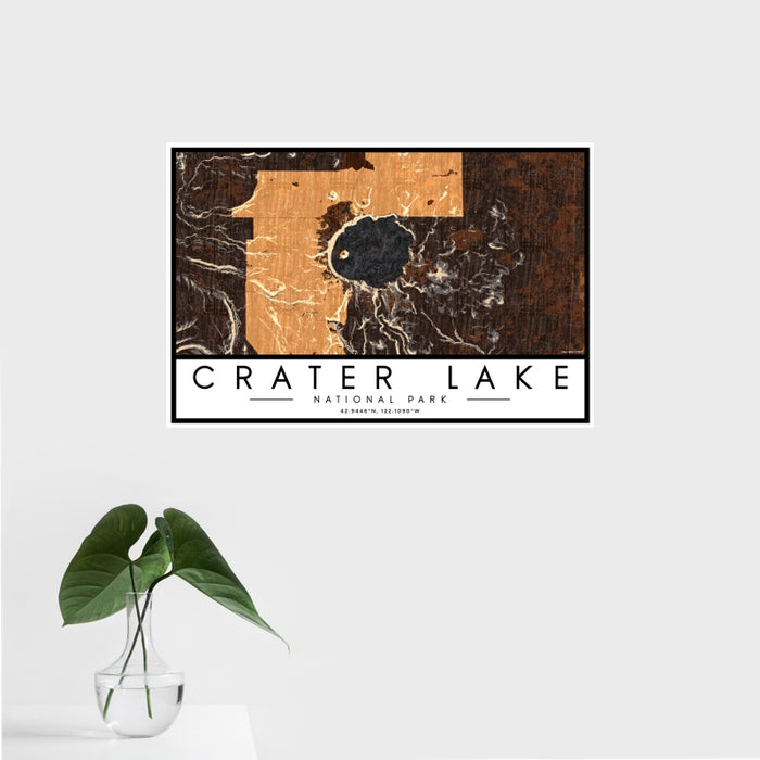 16x24 Crater Lake National Park Map Print Landscape Orientation in Ember Style With Tropical Plant Leaves in Water