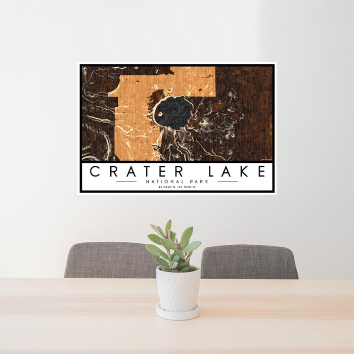24x36 Crater Lake National Park Map Print Landscape Orientation in Ember Style Behind 2 Chairs Table and Potted Plant