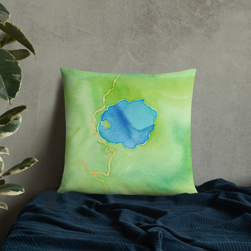 Custom Crater Lake National Park Map Throw Pillow in Watercolor on Bedding Against Wall