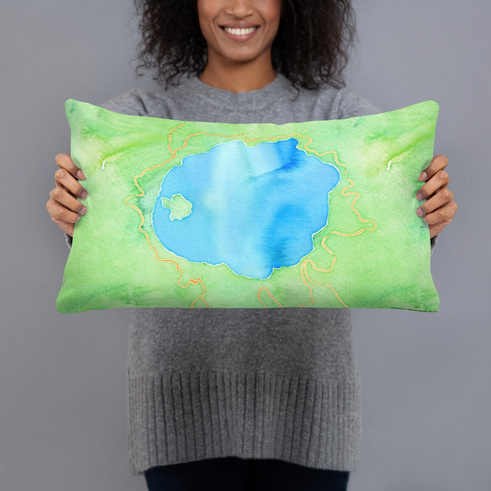 Person holding 20x12 Custom Crater Lake National Park Map Throw Pillow in Watercolor