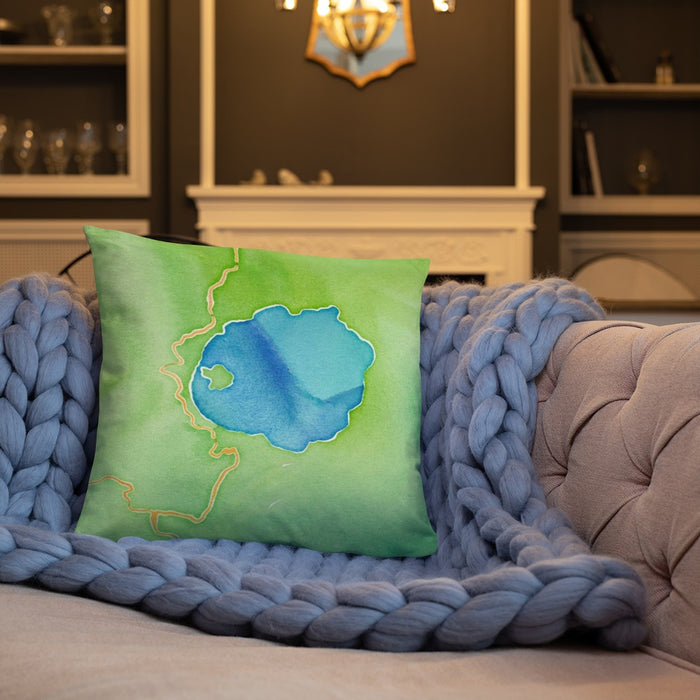 Custom Crater Lake National Park Map Throw Pillow in Watercolor on Cream Colored Couch