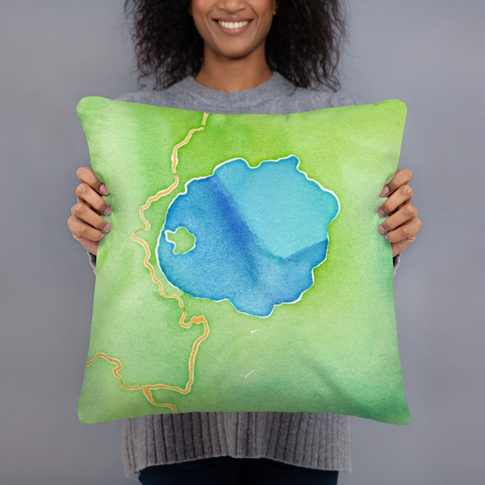 Person holding 18x18 Custom Crater Lake National Park Map Throw Pillow in Watercolor