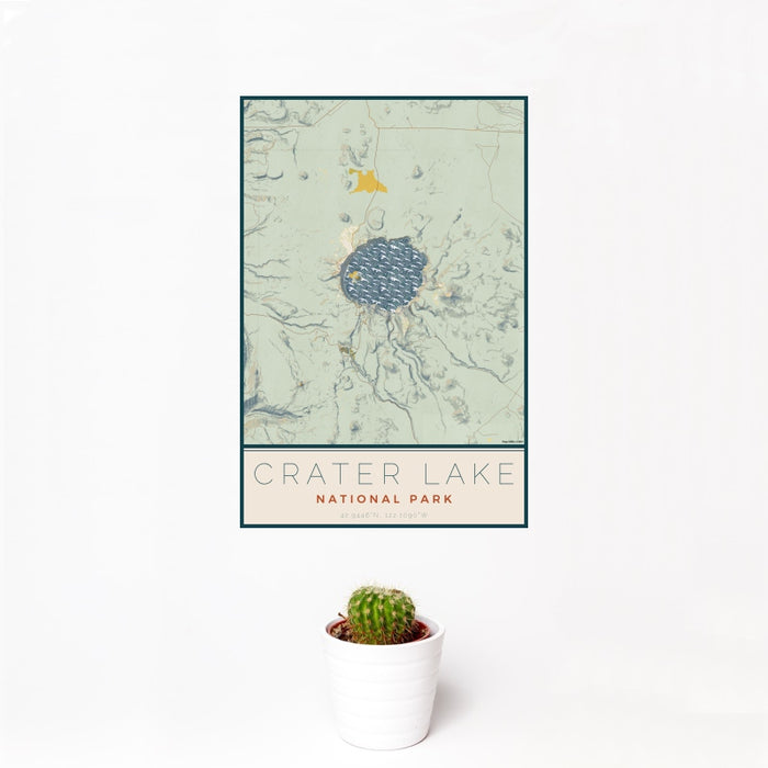 12x18 Crater Lake National Park Map Print Portrait Orientation in Woodblock Style With Small Cactus Plant in White Planter
