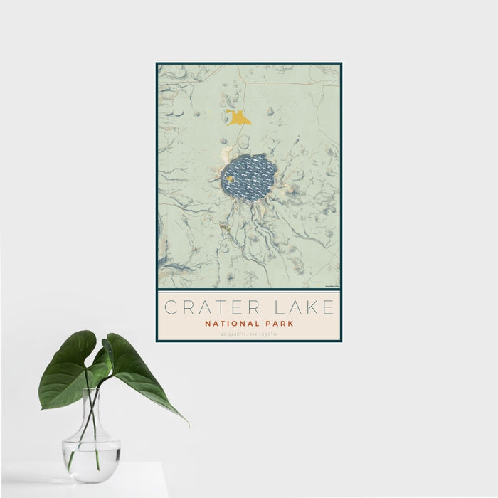 16x24 Crater Lake National Park Map Print Portrait Orientation in Woodblock Style With Tropical Plant Leaves in Water