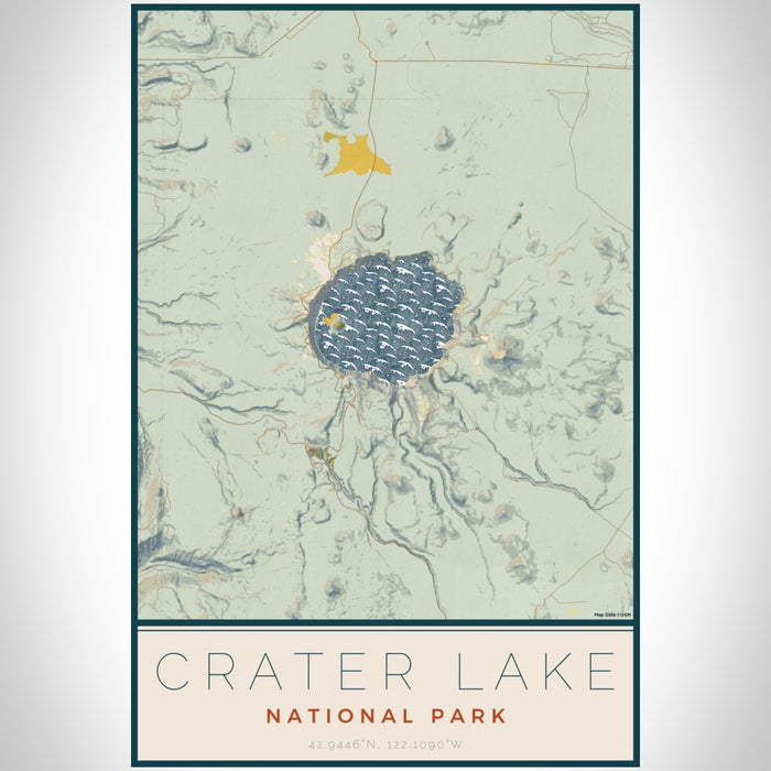 Crater Lake National Park Map Print Portrait Orientation in Woodblock Style With Shaded Background