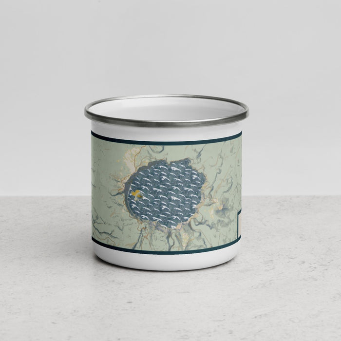 Front View Custom Crater Lake National Park Map Enamel Mug in Woodblock