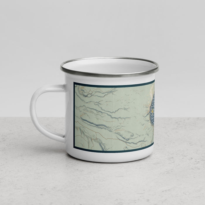 Left View Custom Crater Lake National Park Map Enamel Mug in Woodblock