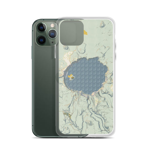 Custom Crater Lake National Park Map Phone Case in Woodblock on Table with Laptop and Plant