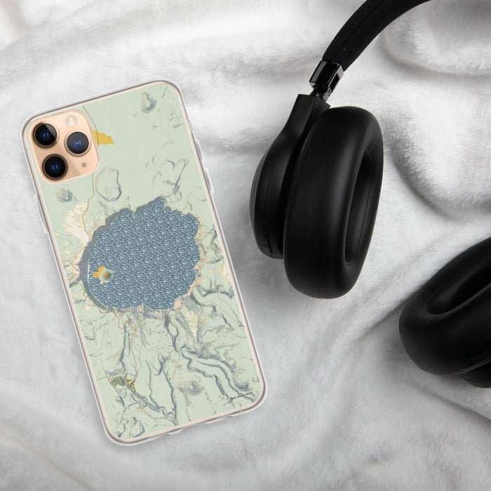 Custom Crater Lake National Park Map Phone Case in Woodblock on Table with Black Headphones