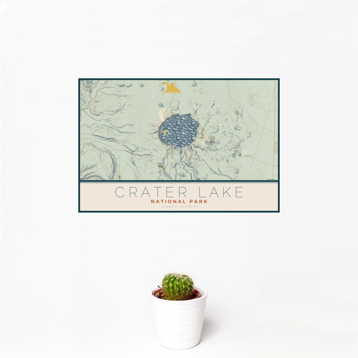 12x18 Crater Lake National Park Map Print Landscape Orientation in Woodblock Style With Small Cactus Plant in White Planter