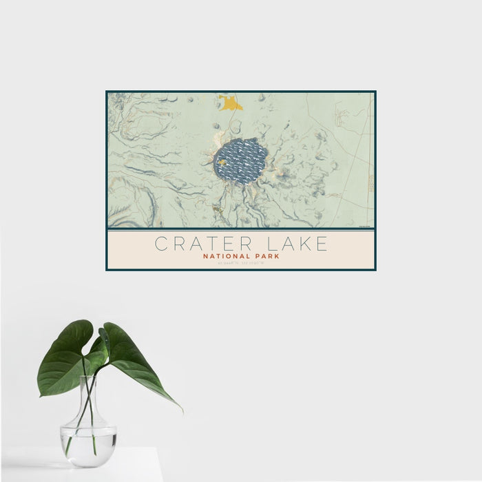 16x24 Crater Lake National Park Map Print Landscape Orientation in Woodblock Style With Tropical Plant Leaves in Water