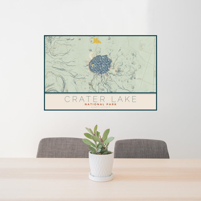 24x36 Crater Lake National Park Map Print Landscape Orientation in Woodblock Style Behind 2 Chairs Table and Potted Plant