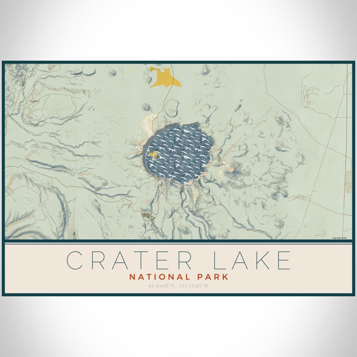 Crater Lake National Park Map Print Landscape Orientation in Woodblock Style With Shaded Background