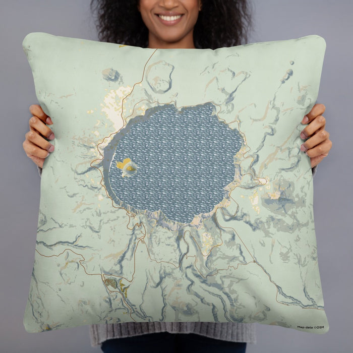 Person holding 22x22 Custom Crater Lake National Park Map Throw Pillow in Woodblock