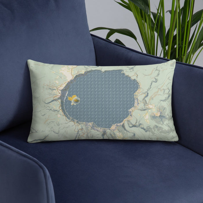 Custom Crater Lake National Park Map Throw Pillow in Woodblock on Blue Colored Chair