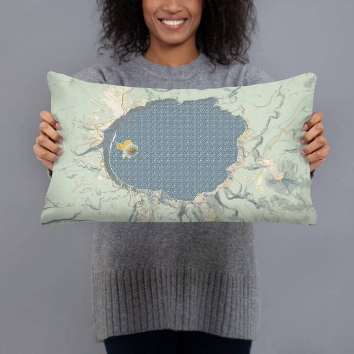Person holding 20x12 Custom Crater Lake National Park Map Throw Pillow in Woodblock