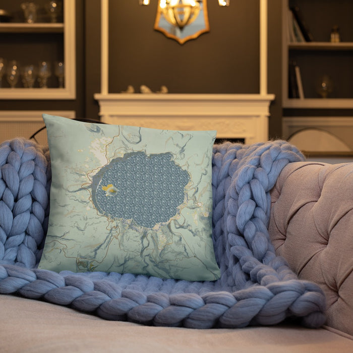 Custom Crater Lake National Park Map Throw Pillow in Woodblock on Cream Colored Couch