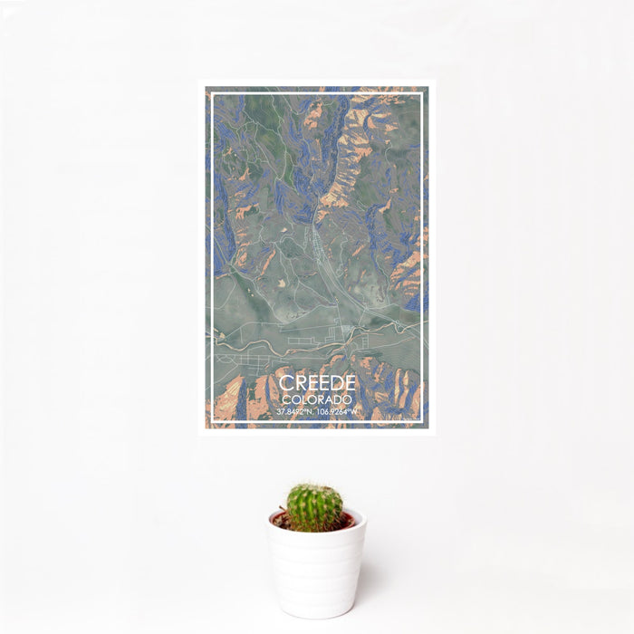12x18 Creede Colorado Map Print Portrait Orientation in Afternoon Style With Small Cactus Plant in White Planter