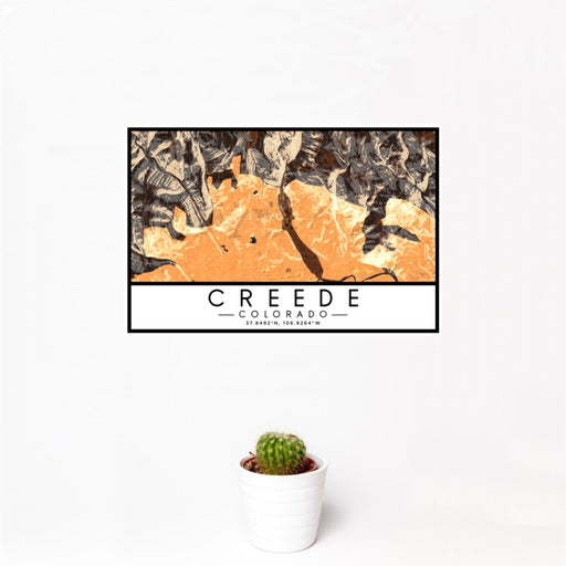 12x18 Creede Colorado Map Print Landscape Orientation in Ember Style With Small Cactus Plant in White Planter
