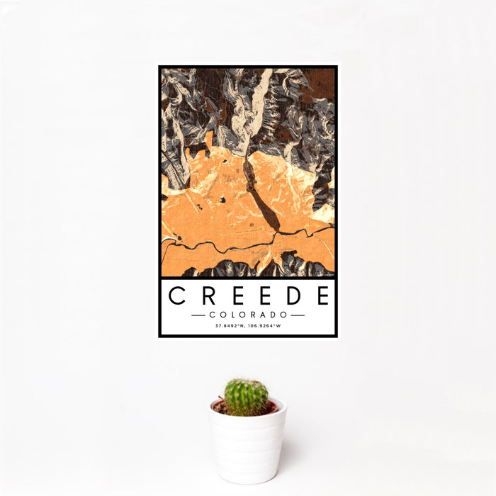 12x18 Creede Colorado Map Print Portrait Orientation in Ember Style With Small Cactus Plant in White Planter