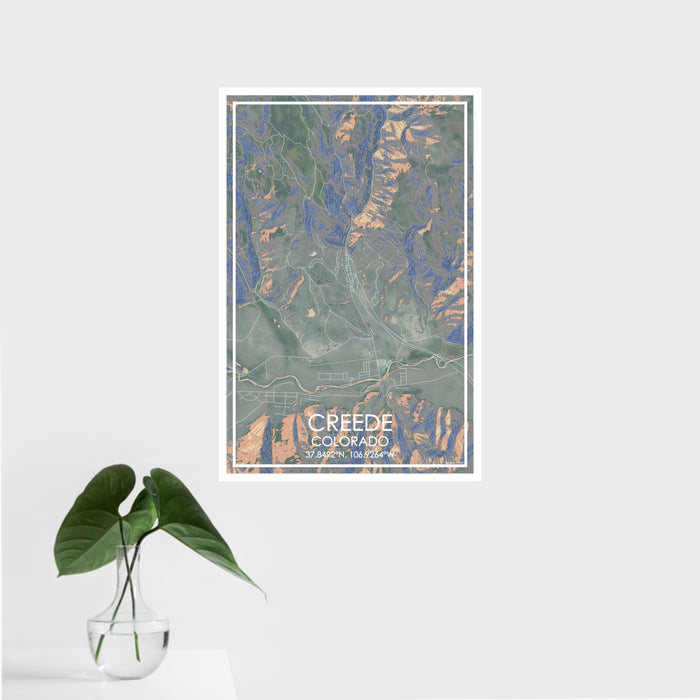 16x24 Creede Colorado Map Print Portrait Orientation in Afternoon Style With Tropical Plant Leaves in Water