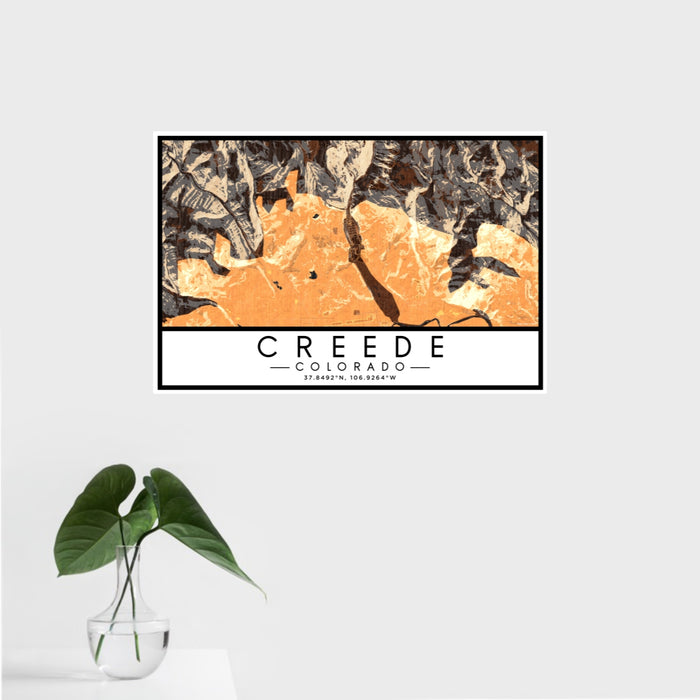 16x24 Creede Colorado Map Print Landscape Orientation in Ember Style With Tropical Plant Leaves in Water