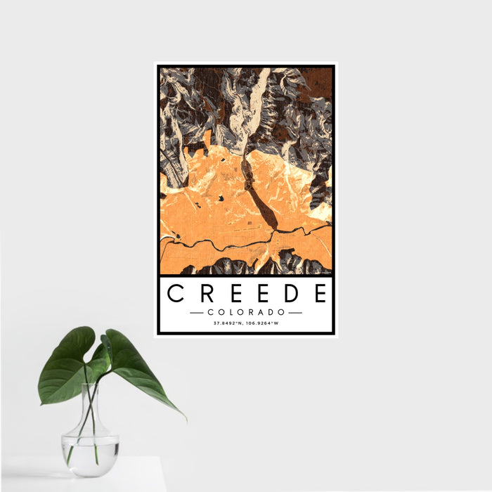 16x24 Creede Colorado Map Print Portrait Orientation in Ember Style With Tropical Plant Leaves in Water